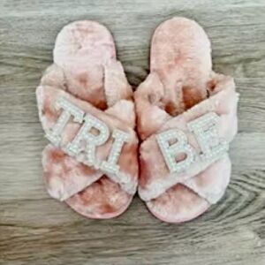 New! TRIBE Fluffy Plush Crossband slippers w Rhinestones&Pearl sz 38-39 (sz 8)
